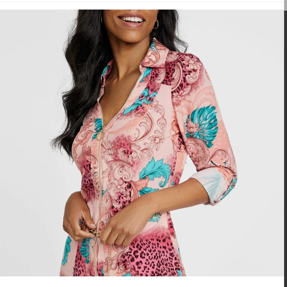 SOLD Pink and Blue Patterned Shirt Dress - Picture 4 of 12